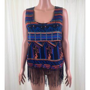 I. Madeline Sleeveless Boho Hippie Embroidered Fringe Hem Top Blouse Sz M Black